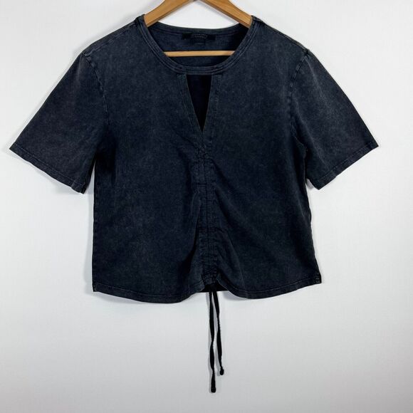 AllSaints Gigi Tee Womens Black Washed Drawstring V Neck Top Size 10 - Picture 1 of 13
